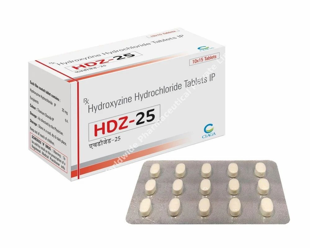 Hydroxyzine HCL 25mg — 30 Tablets (Generic for Atarax®) | CMC Pharmacy Cabo Delivery in Cabo Hydroxyzine HCL 25mg — 30 Tablets (Generic for Atarax®) - CMC Pharmacy Cabo delivery