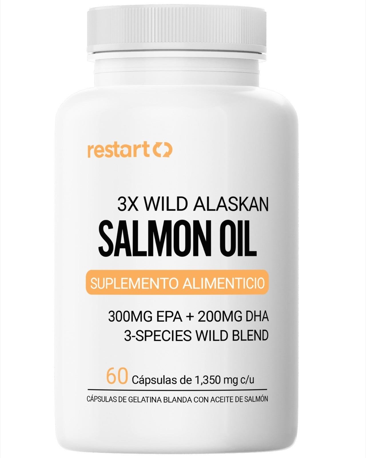 Restart Salmon Oil 3X Wild Alaskan Oil Salmon Salvaje 300mg EPA 200mg DHA Softgel 60 Capsules | CMC Pharmacy Cabo Delivery in Cabo Restart Salmon Oil 3X Wild Alaskan Oil Salmon Salvaje 300mg EPA 200mg DHA Softgel 60 Capsules