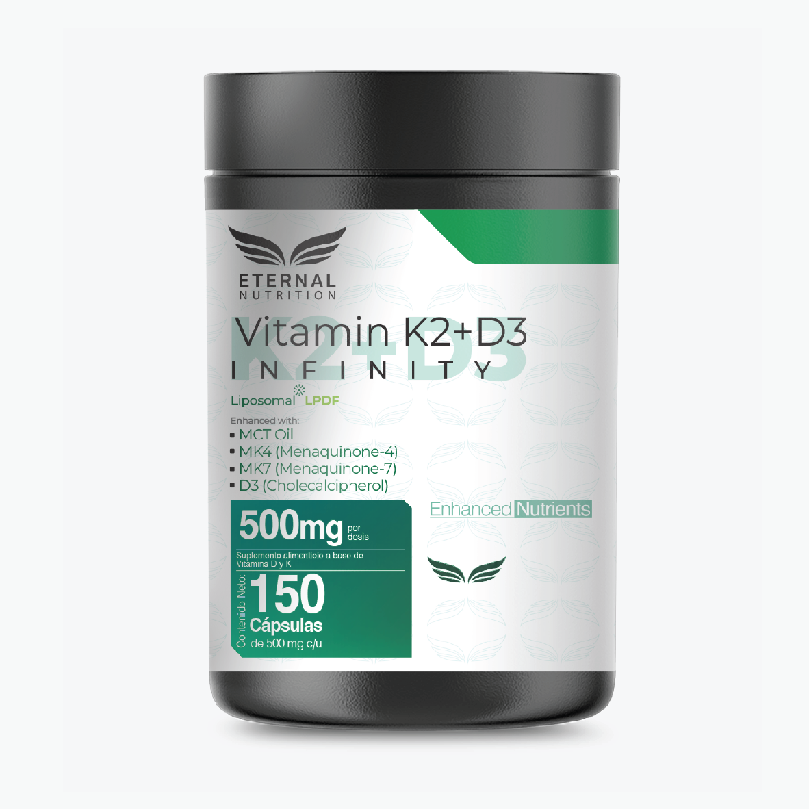 Eternal Nutrition Infinity Vitamin D3 + K2 Liposomal | K2 MK4+MK7 + D3 + MCT + Folato · 150 Caps | CMC Pharmacy Cabo Delivery in Cabo Eternal Nutrition Infinity Vitamin D3 + K2 Liposomal | K2 MK4+MK7 + D3 + MCT + Folato · 150 Caps