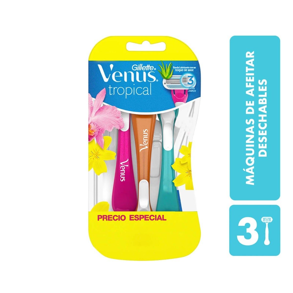 Razor for Women Gillette Venus Tropical with 3 Blades for Hair Removal 3 Units | CMC Pharmacy Cabo Delivery in Cabo Razor for Women Gillette Venus Tropical with 3 Blades for Hair Removal 3 Units