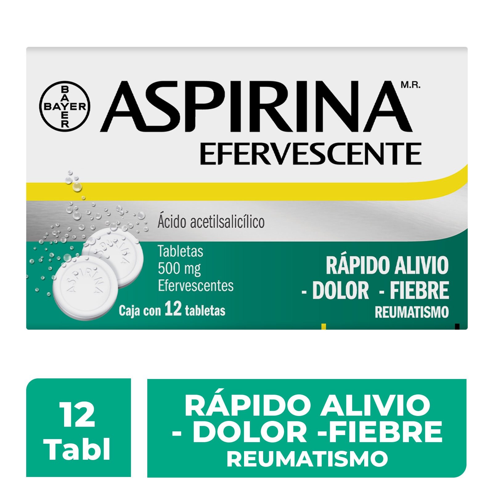 Aspirina Efervescente Analgesic for Pain Cabezay Fever 12 Tablets 500 mg | CMC Pharmacy Cabo Delivery in Cabo Aspirina Efervescente Analgesic for Pain Cabezay Fever 12 Tablets 500 mg