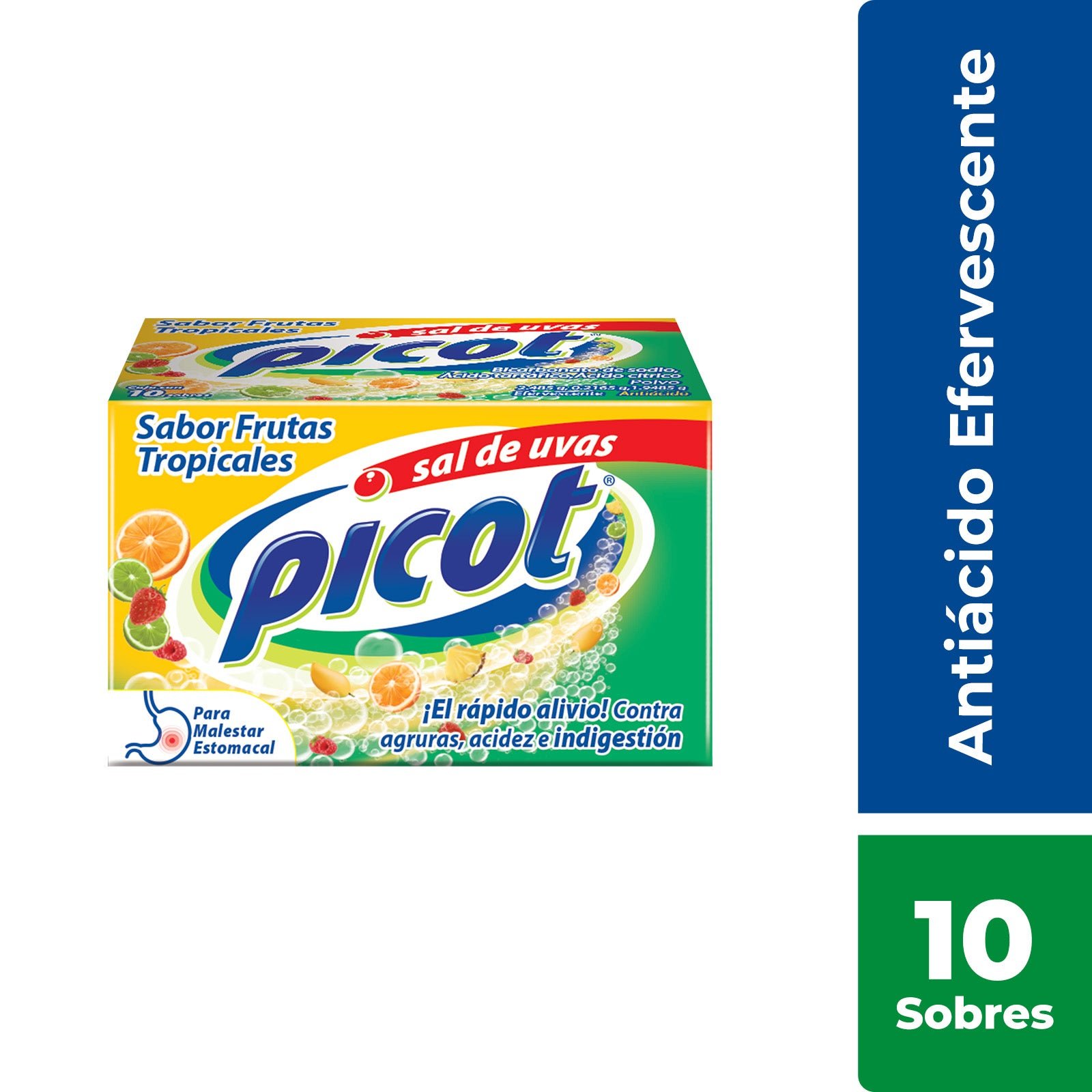 Picot Sal Uvas Antacid Flavor Frutas Tropicales 10 Sachets | CMC Pharmacy Cabo Delivery in Cabo Picot Sal Uvas Antacid Flavor Frutas Tropicales 10 Sachets