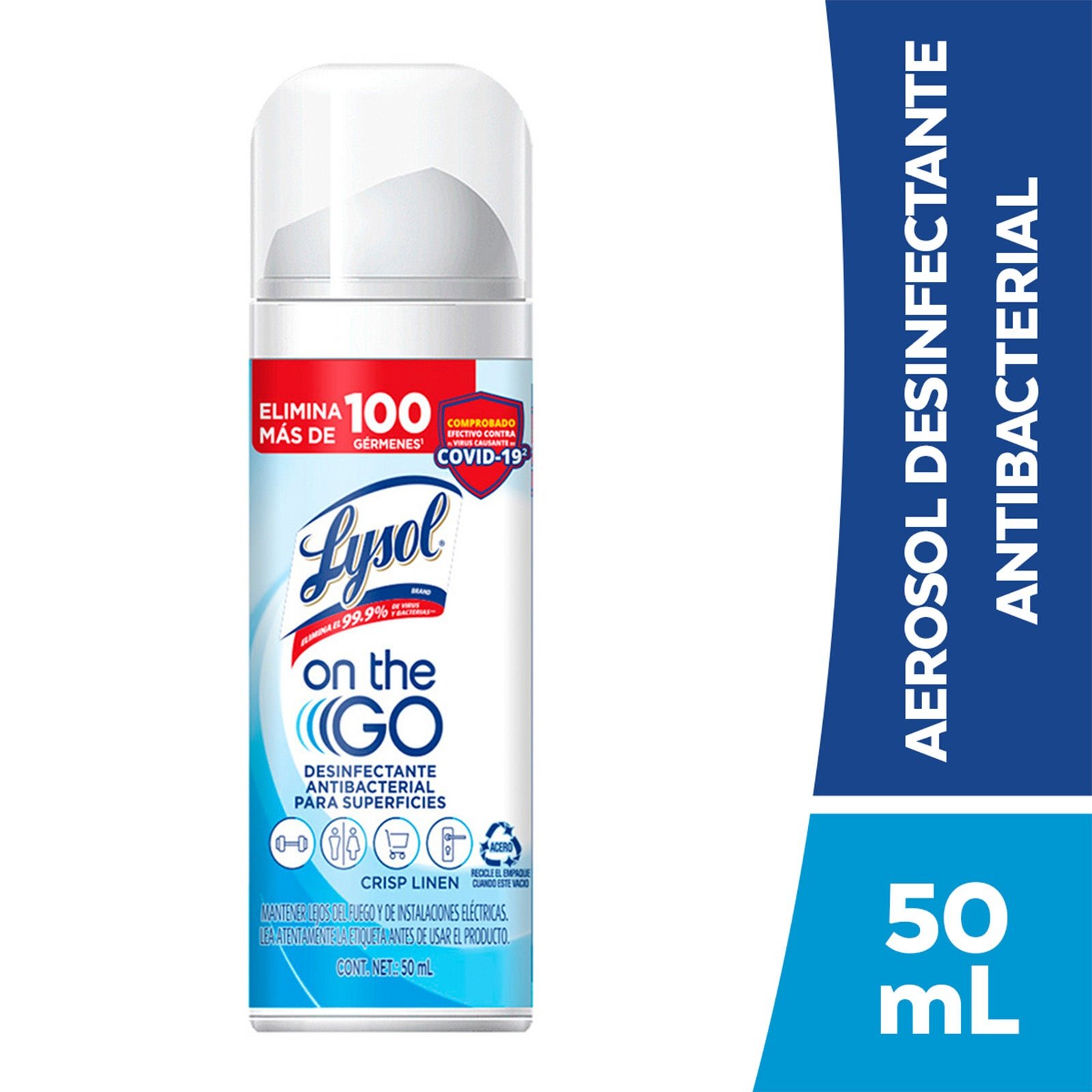 Lysol On The Go Desinfectante Antibacterial for Superficies Crisp Linen 50 ml | CMC Pharmacy Cabo Delivery in Cabo Lysol On The Go Desinfectante Antibacterial for Superficies Crisp Linen 50 ml
