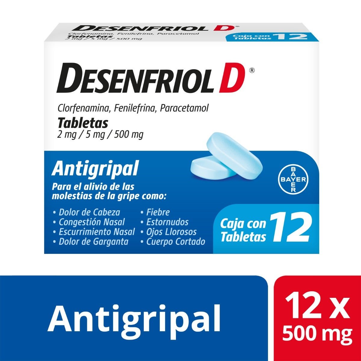 Desenfriol D Antigripal Paracetamol Box with 12 Tablets 500 mg | CMC Pharmacy Cabo Delivery in Cabo Desenfriol D Antigripal Paracetamol Box with 12 Tablets 500 mg