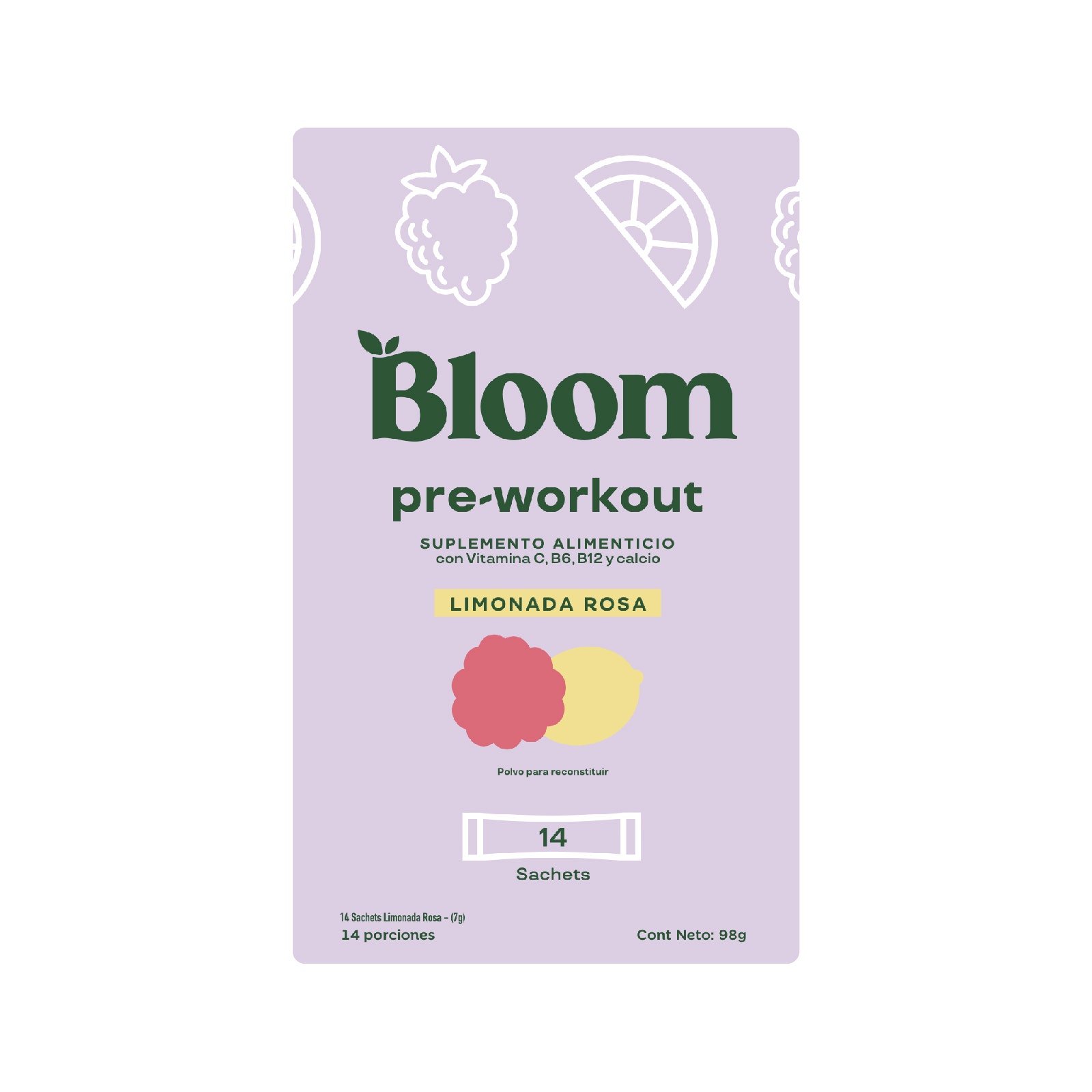 Bloom Pre Workout Limonada Pink 14 Sachets | CMC Pharmacy Cabo Delivery in Cabo Bloom Pre Workout Limonada Pink 14 Sachets