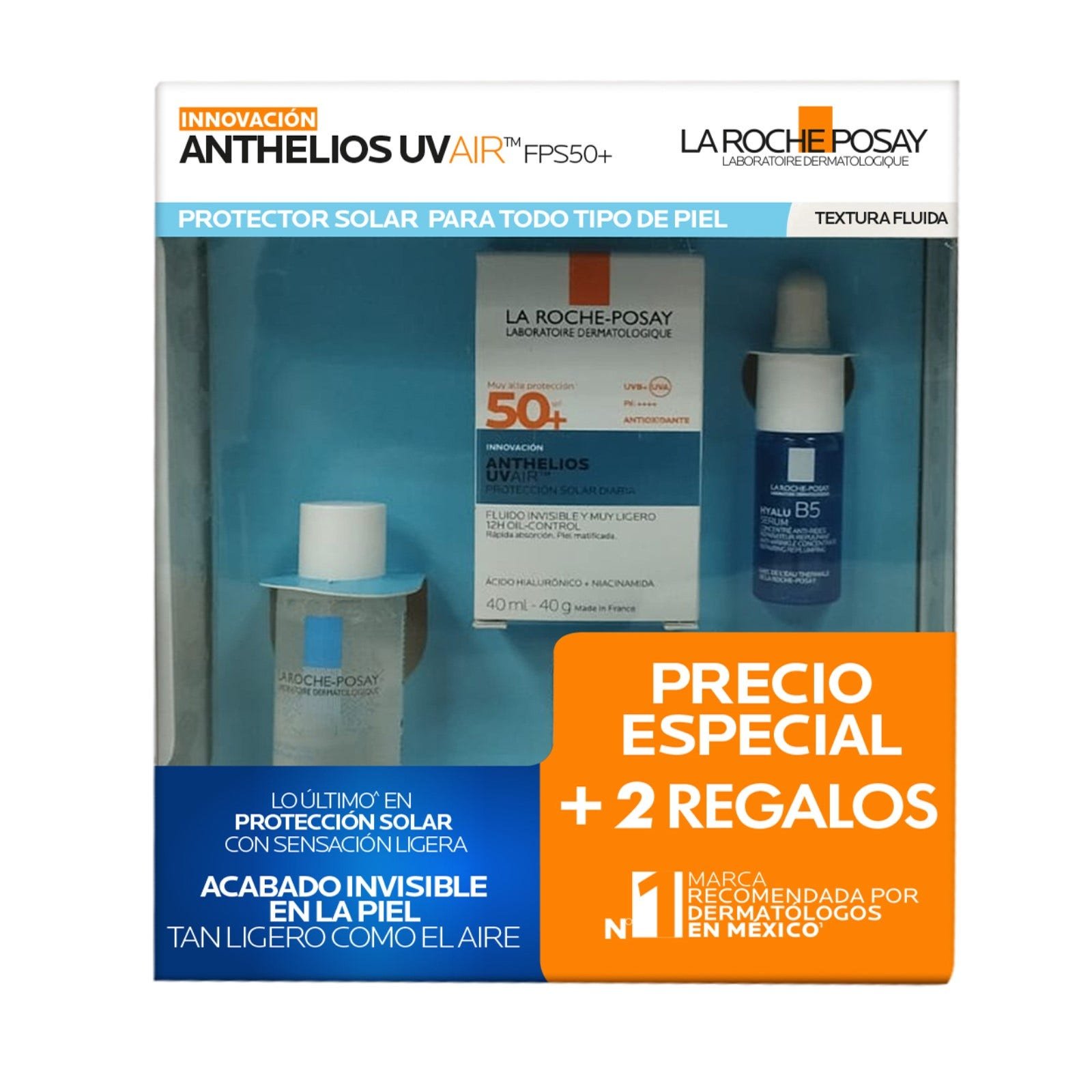 La Roche Posay Pack Anthelios UV Air + 2 regalos: Micellar Water Effaclar & Mini Hyalu B5 Serum | CMC Pharmacy Cabo Delivery in Cabo La Roche Posay Pack Anthelios UV Air + 2 regalos: Micellar Water Effaclar & Mini Hyalu B5 Serum
