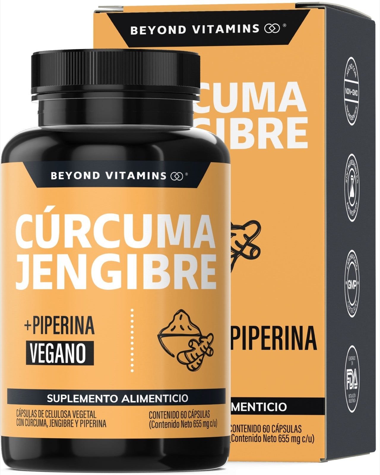 Beyond Vitamins Turmeric + Ginger Potenciado with Pimienta Black (Piperina) 1000 mg 60 Capsules Vegano | CMC Pharmacy Cabo Delivery in Cabo Beyond Vitamins Turmeric + Ginger Potenciado with Pimienta Black (Piperina) 1000 mg 60 Capsules Vegano
