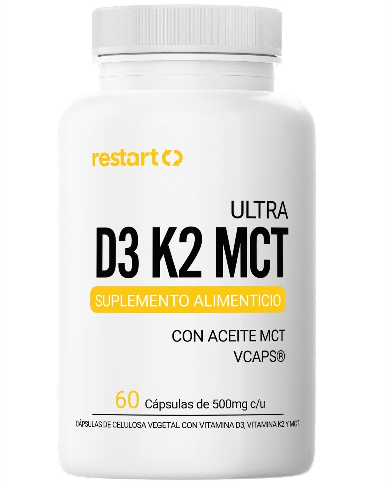Restart Ultra D3 K2 MCT - Vitamin D3 Vegana (400 UI) & K2 (30 mcg) with MCT - 60 Capsules | CMC Pharmacy Cabo Delivery in Cabo Restart Ultra D3 K2 MCT - Vitamin D3 Vegana (400 UI) & K2 (30 mcg) with MCT - 60 Capsules