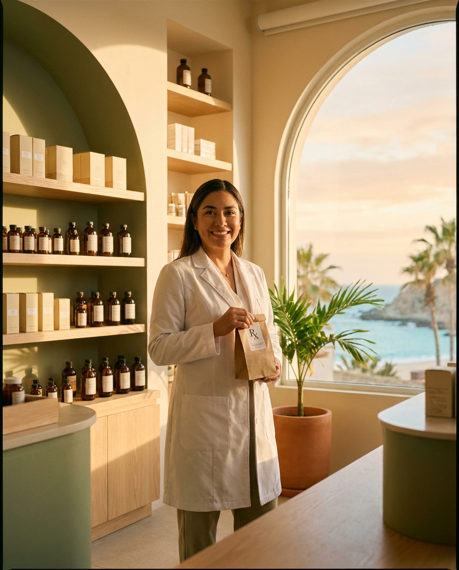 English-speaking pharmacist at CMC Pharmacy in Cabo San Lucas holding prescription bag with tropical ocean view — 24/7 delivery