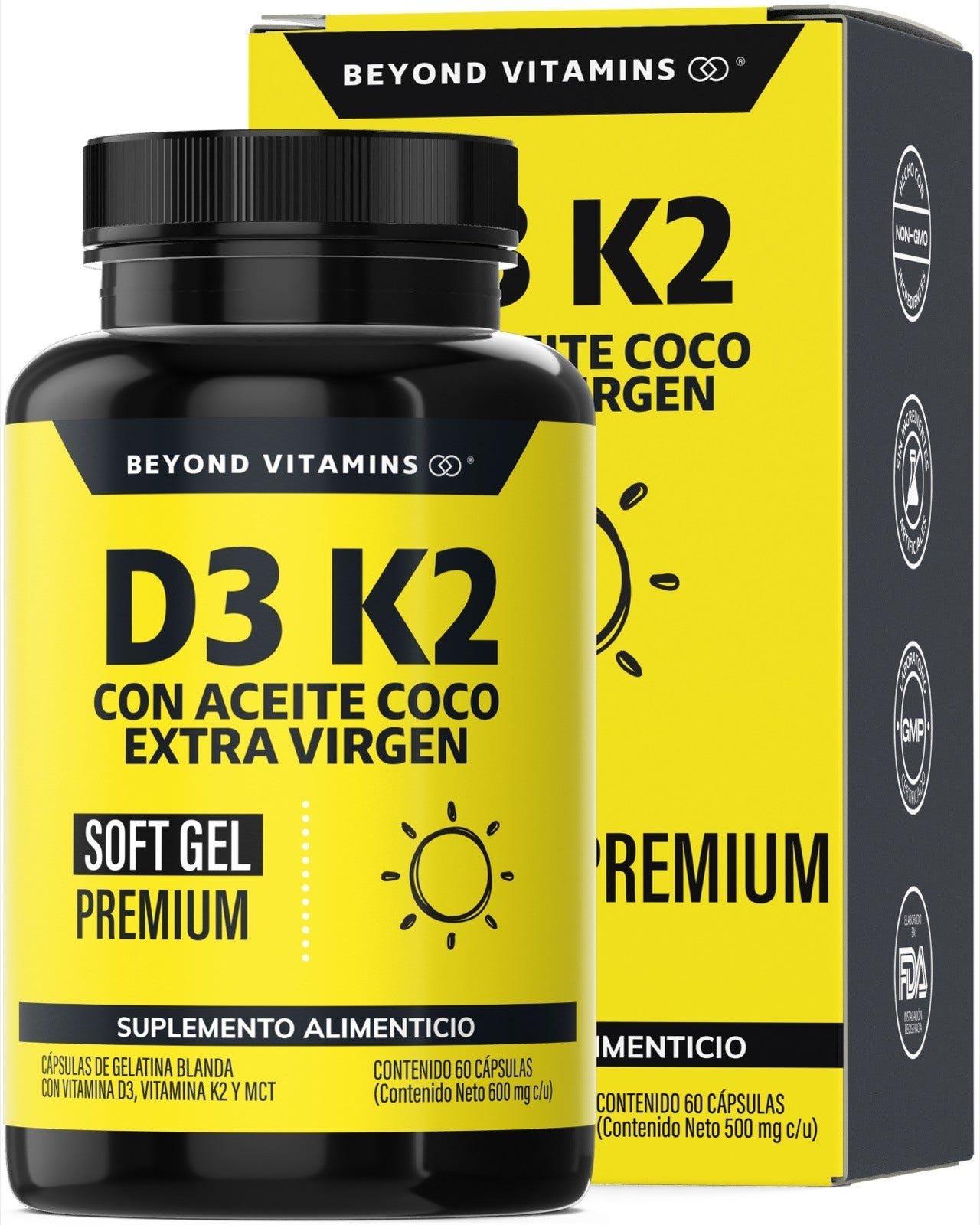 Beyond Vitamins | Vitamin D3 + K2 with Oil Coconut Extra Virgen & MCT | 60 Capsules Blandas | CMC Pharmacy Cabo Delivery in Cabo Beyond Vitamins | Vitamin D3 + K2 with Oil Coconut Extra Virgen & MCT | 60 Capsules Blandas